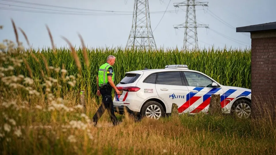 Agent bij een politieauto langs een maisveld in Veghel na de beroving van een taxichauffeur