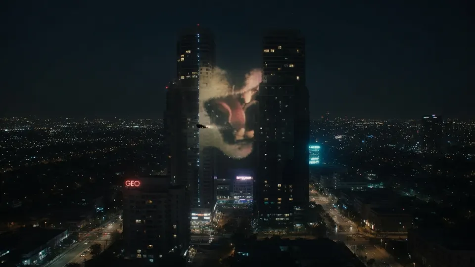 Een holografisch beeld verschijnt tussen de wolkenkrabbers van Los Angeles in Blade Runner 2099