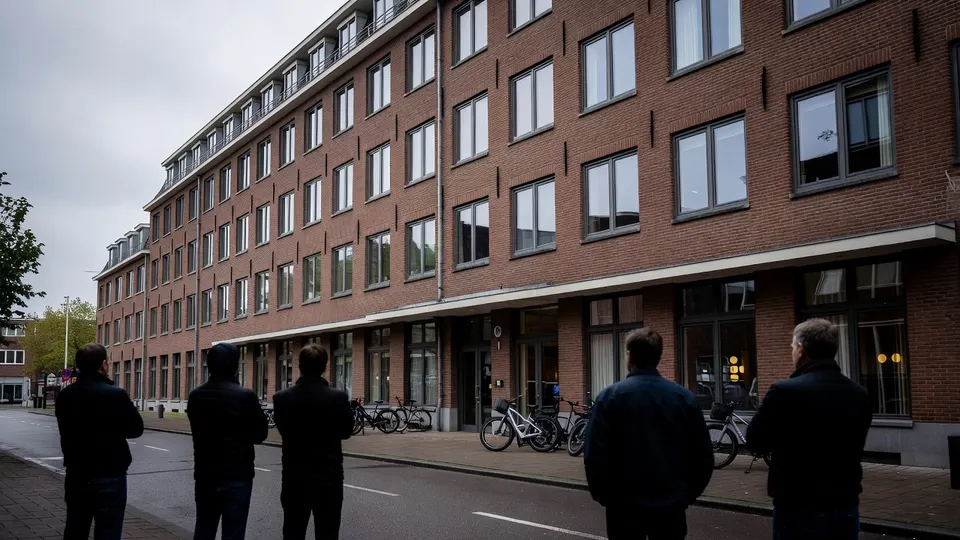 Mensen staan voor Hotel Gooiland, waar asielzoekers worden opgevangen