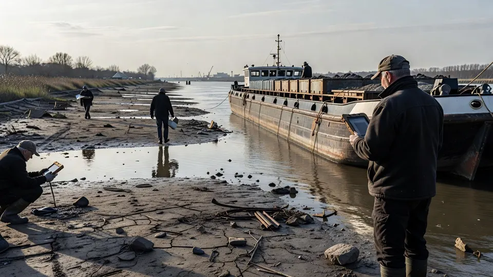 Binnenvaartschippers meten de waterdiepte bij laagwater om hun route en belading af te stemmen