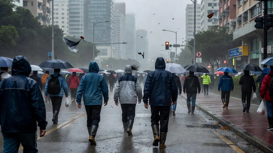 Voetgangers trotseren de zware regen in een stad in Zuid-China