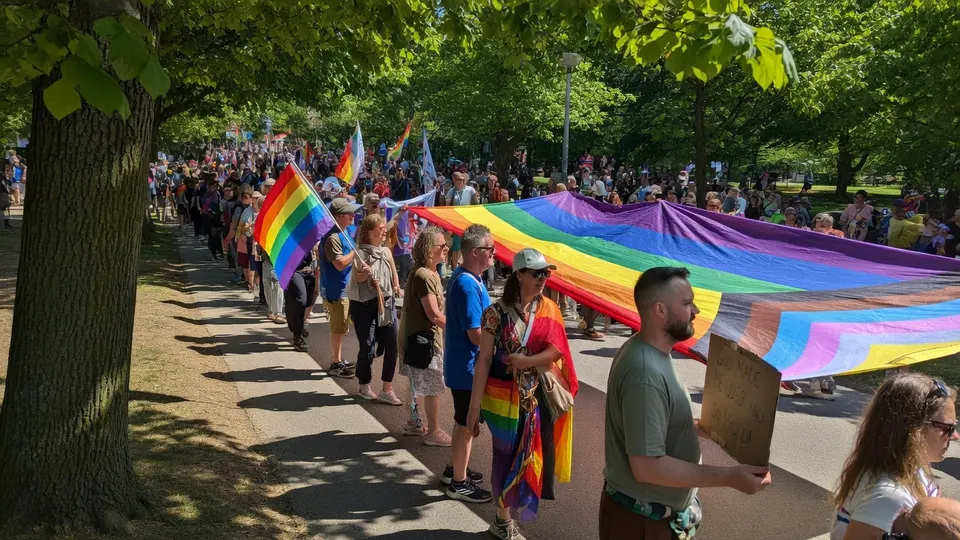 Deelnemers aan een Pride-optocht dragen een grote regenboogvlag door een park