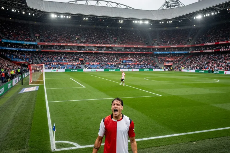 Een Feyenoord-speler viert de overwinning op Rayo Vallecano in De Kuip