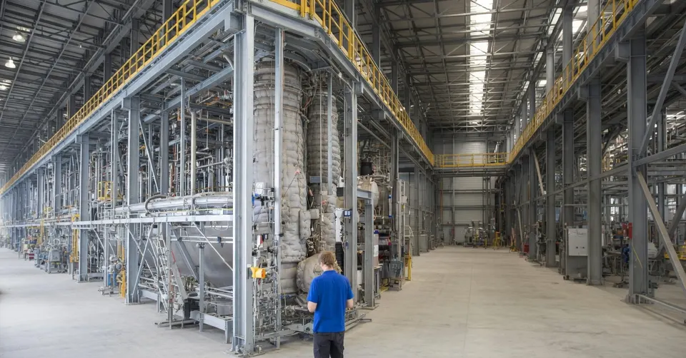 Een medewerker loopt langs de installatie van BioBTX voor chemische recycling van plastic