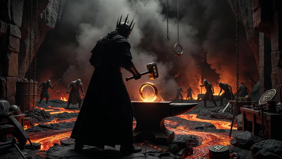 Sauron smeedt de Ene Ring te midden van vuur en strijd in Midden-aarde