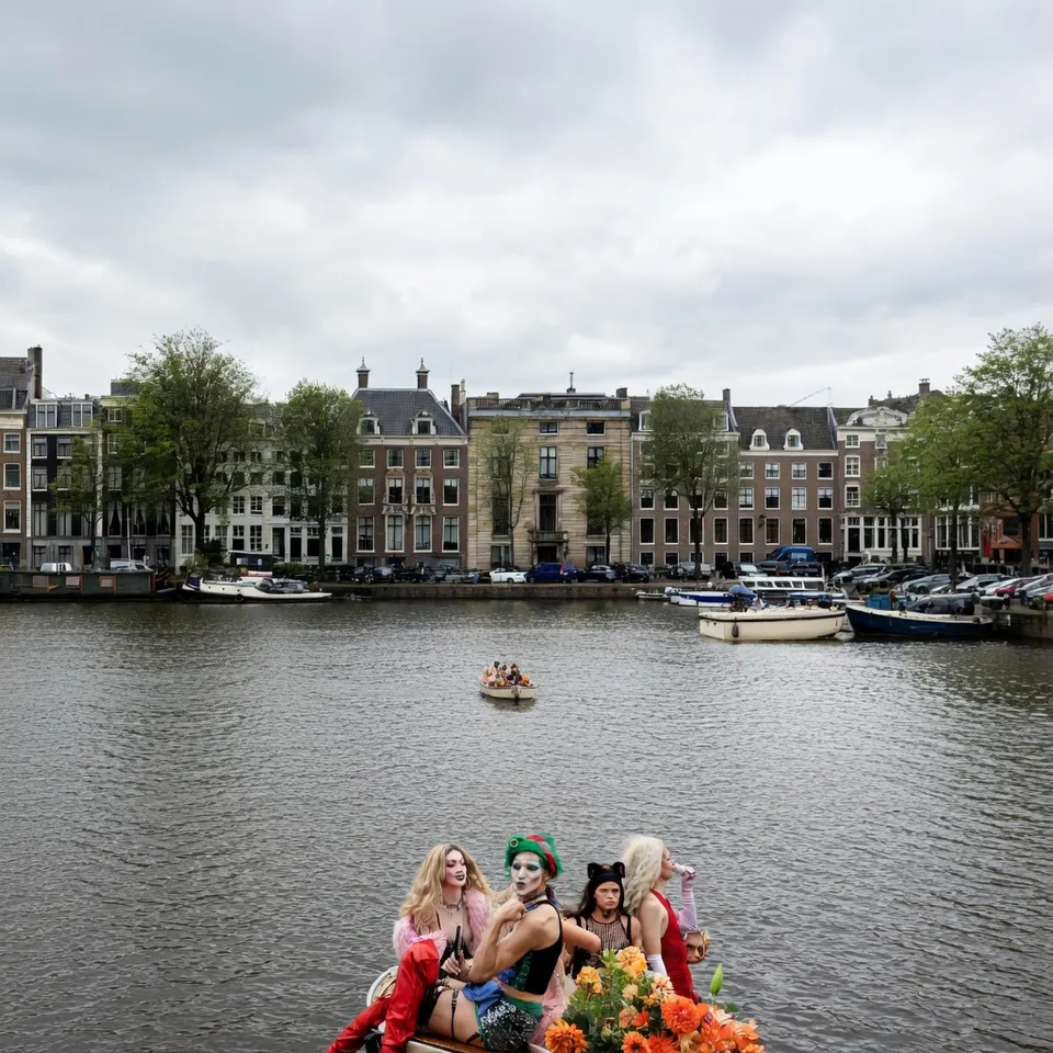 Bezoekers van WorldPride varen in een bootje door de Amsterdamse grachten