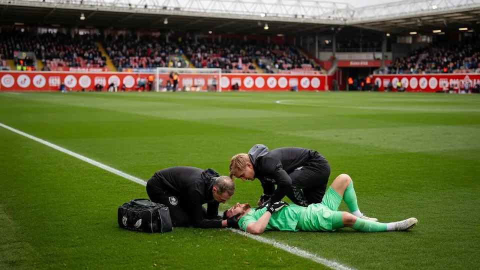 Een keeper wordt op het veld behandeld, terwijl een veldspeler tijdelijk het speelveld moet verlaten