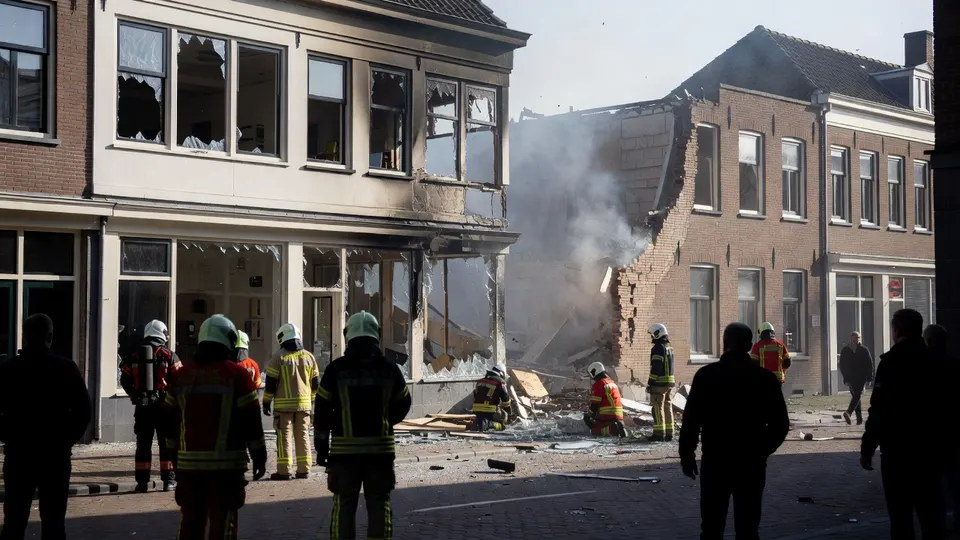 Brandweer bij beschadigde horecazaak aan de Boterhoek in Best na een explosie