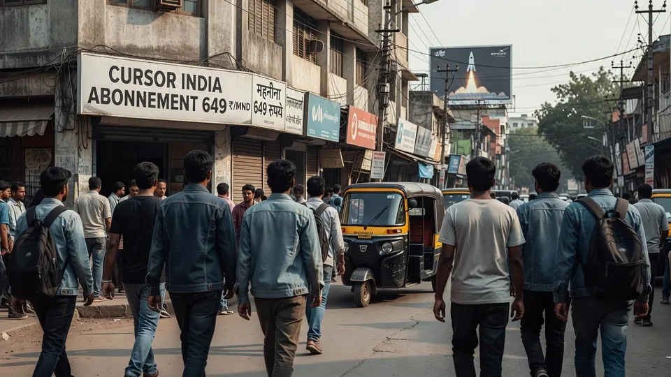Indiase programmeurs lopen langs een Cursor-bord in een drukke straat