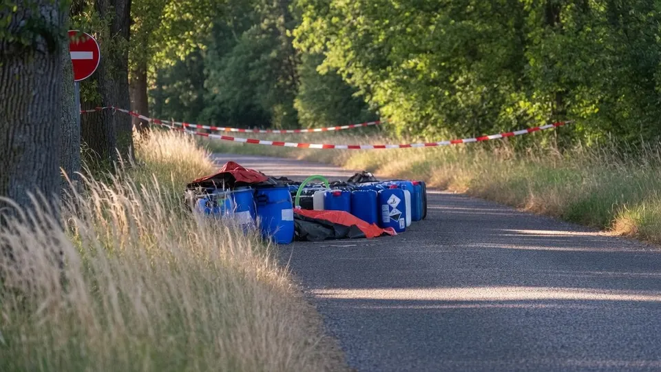 Blauwe vaten met vermoedelijk drugsafval langs de Blookweg in Bavel