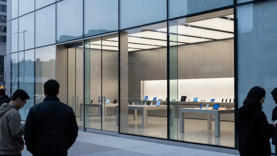 Bezoekers bij een Apple Store met iPads, Macs en iPhones in de etalage