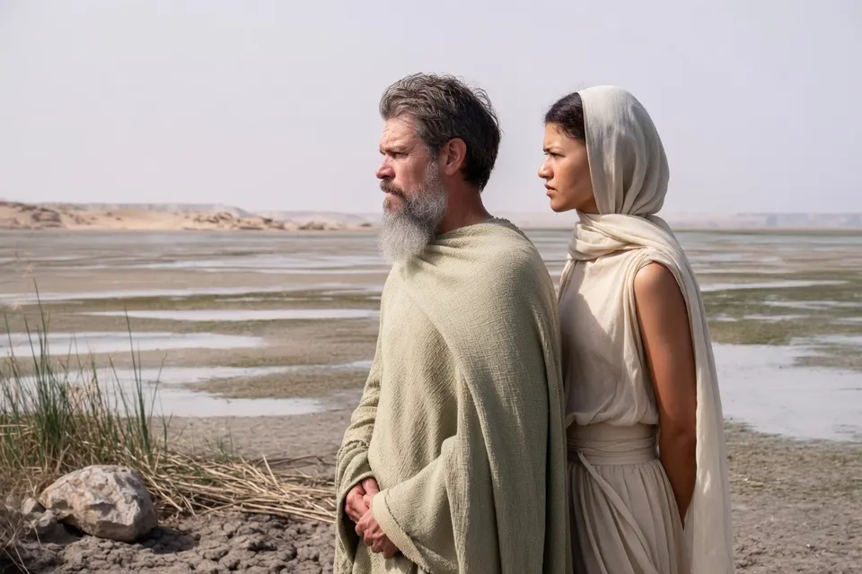 Een man en een vrouw in antieke kleding aan de oever van een water