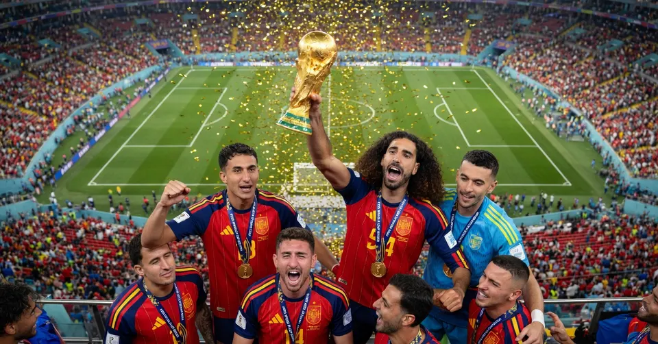 Spaanse voetballers vieren feest met de wereldbeker