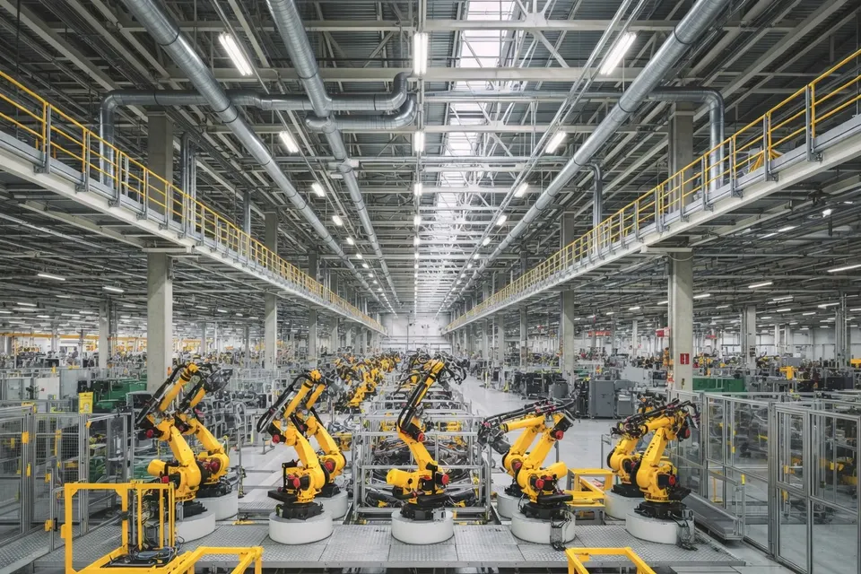 Industriële robots van Fanuc in een geautomatiseerde fabriekshal