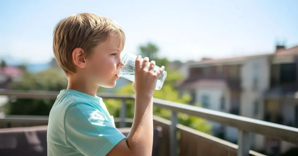 Jongen drinkt water tijdens een spel op een speelplein