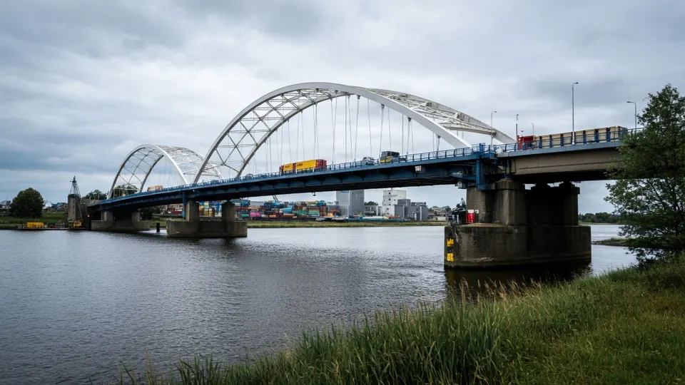 De Merwedebrug bij Gorinchem, waar vrachtwagens voorlopig niet meer overheen mogen