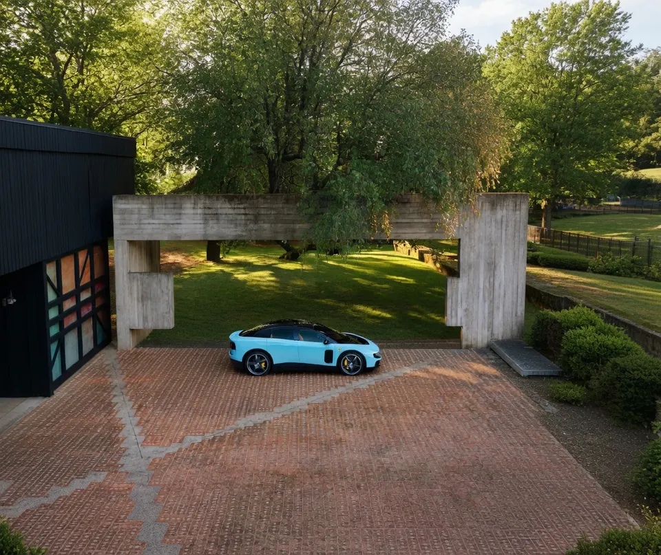 De elektrische Ferrari Luce staat geparkeerd op een binnenplaats