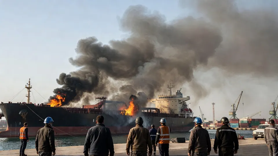 Brandende gastankers in de haven van Damietta na een droneaanval