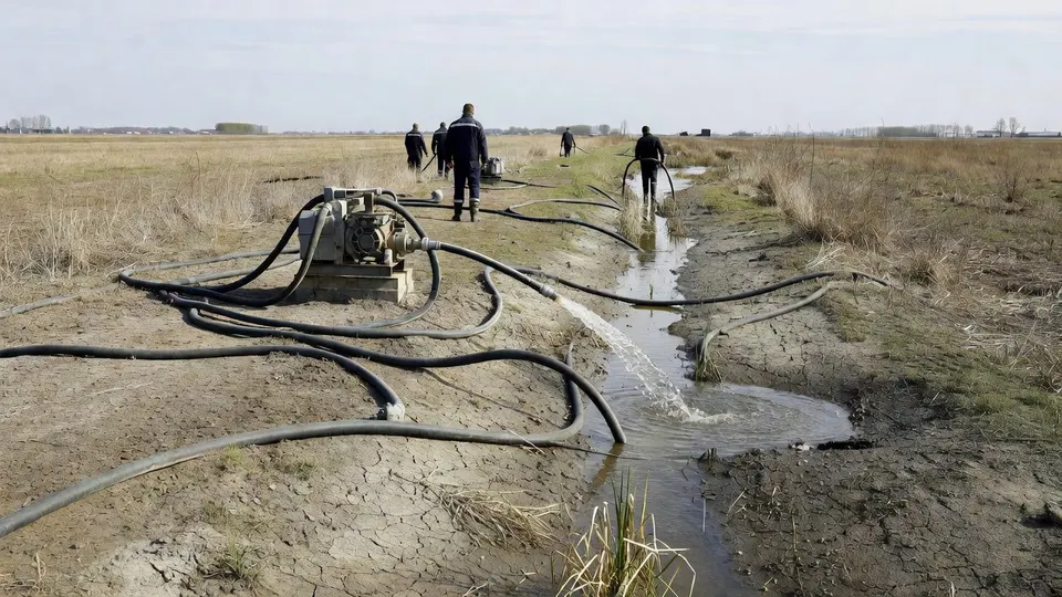 Waterschap Aa en Maas pompt grondwater in de vrijwel drooggevallen Schijndelse Loop bij Schijndel