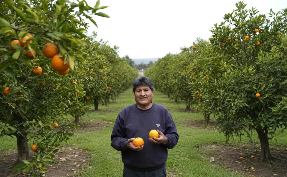 Evo Morales poseert met sinaasappels in een boomgaard