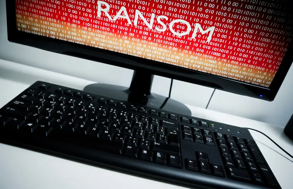 Computerscherm met de tekst ‘Ransomware’ boven een toetsenbord