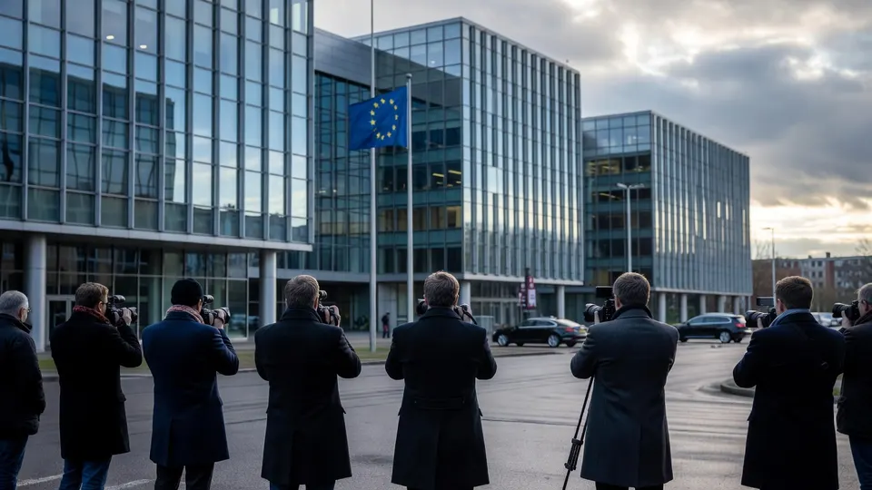 EU-gebouw waar journalisten wachten na het besluit over extra steun voor Oekraïense luchtverdediging
