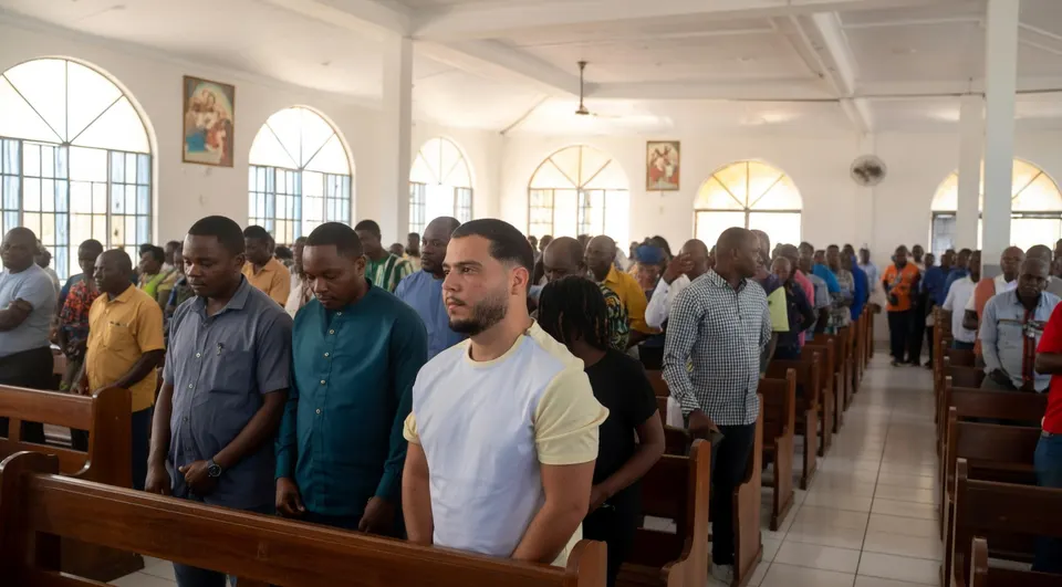 Mensen staan in een kerk tijdens een dienst