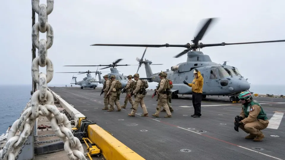 Militairen lopen langs helikopters op het dek van een marineschip
