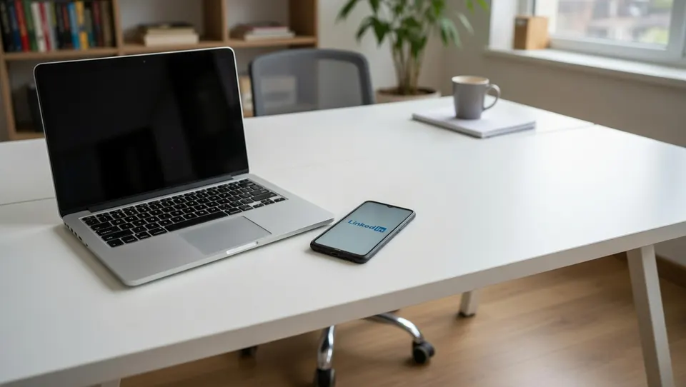 Laptop en smartphone op een bureau, waarop LinkedIn-berichten over AI-rommel kunnen worden bekeken