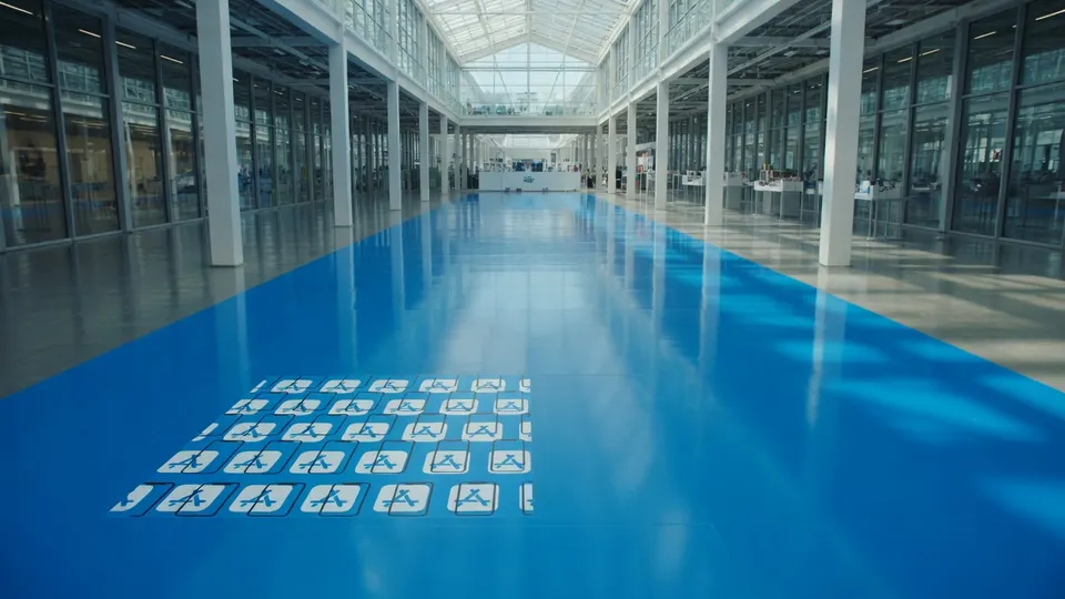 Een Apple-gebouw met op de vloer pictogrammen die verwijzen naar verschillende diensten