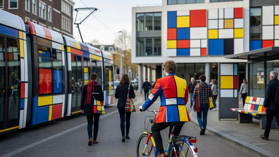 Tram, kleding en gebouwen met geometrische kleurvlakken in de stijl van Piet Mondriaan