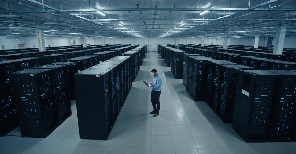 Een medewerker loopt tussen rijen servers in een datacentrum