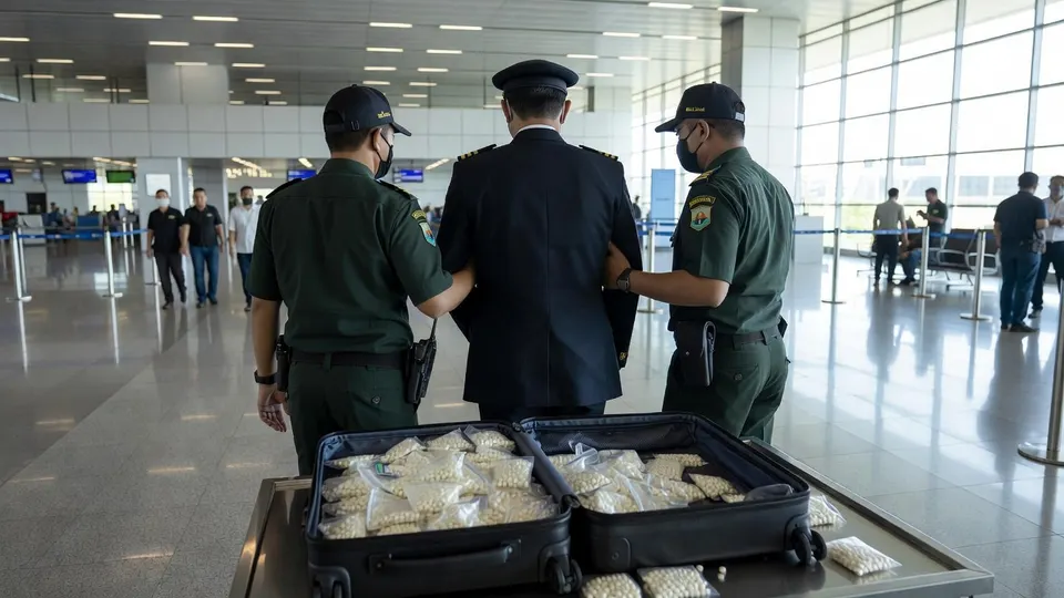Douanebeambten houden een piloot aan bij een koffer met xtc-pillen op luchthaven Soekarno-Hatta in Jakarta