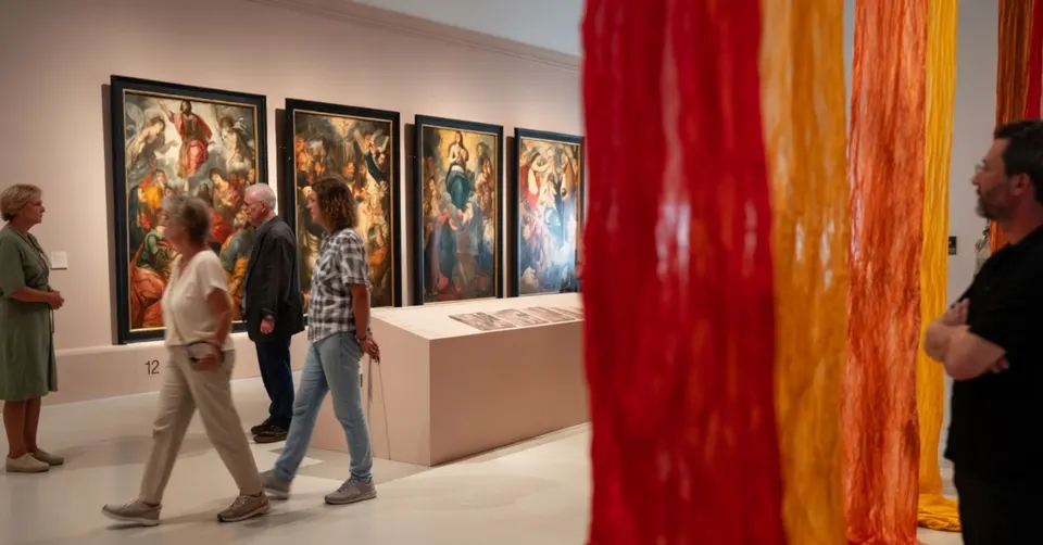 Bezoekers bekijken de rozenkransschilderijen uit de Sint-Pauluskerk in Het Noordbrabants Museum