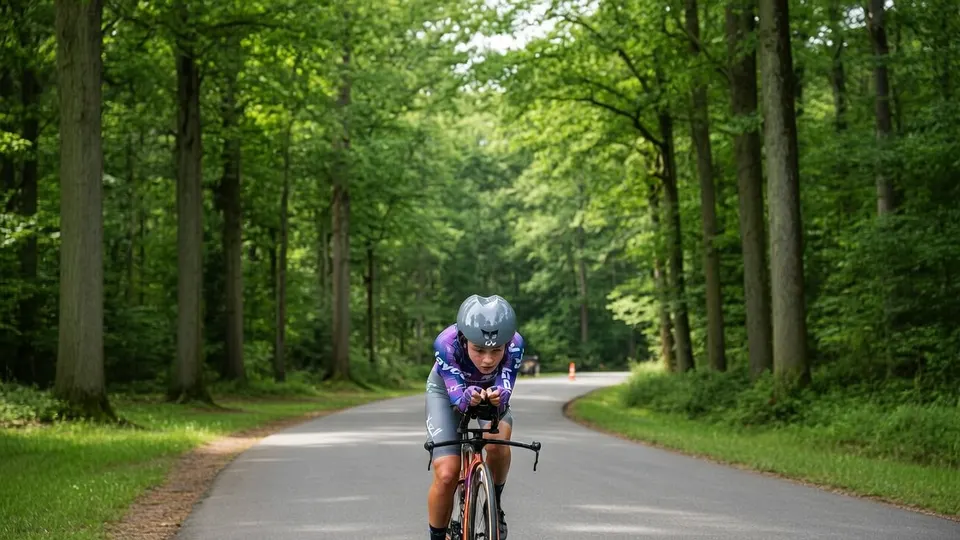 Wielrenster rijdt door een bos tijdens de voorbereiding op de Tour de France Femmes