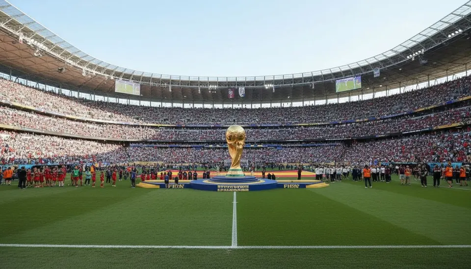 De wereldbeker staat op het veld in een vol voetbalstadion