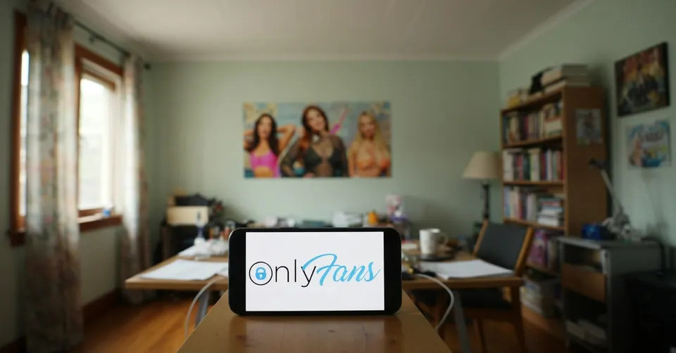 Een tablet met het logo van OnlyFans in een woonkamer