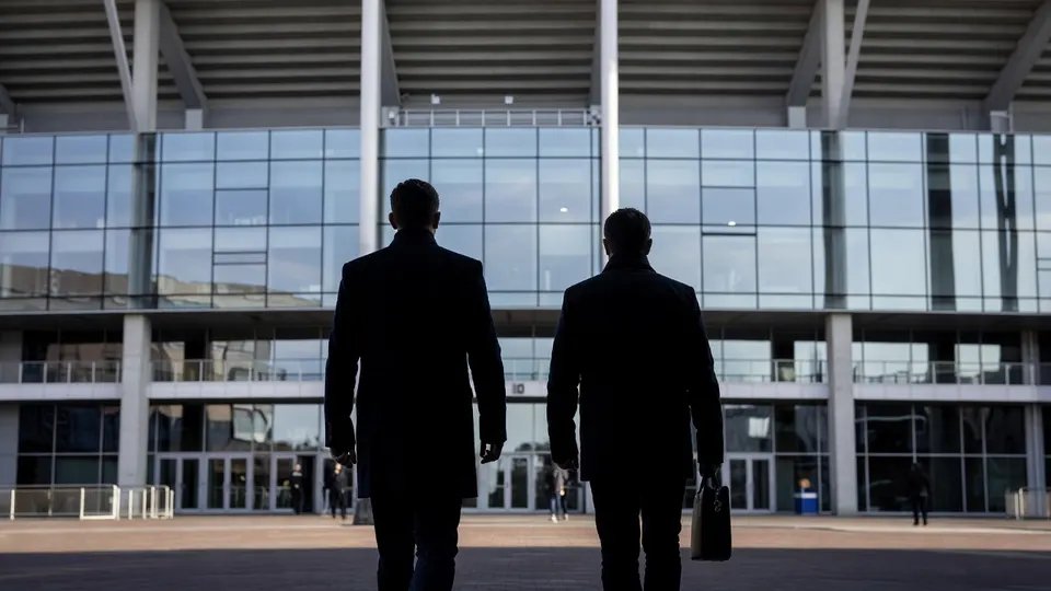 Twee mannen lopen bij een stadion, waar Ajax-middenvelder Julian Brandt tekent tot 2029