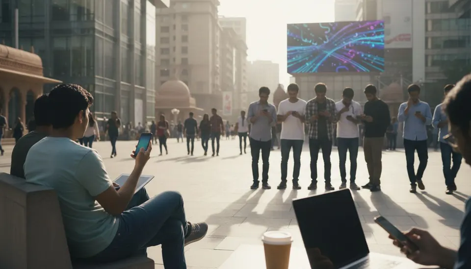 Indiase consumenten gebruiken hun smartphones in een drukke winkelstraat