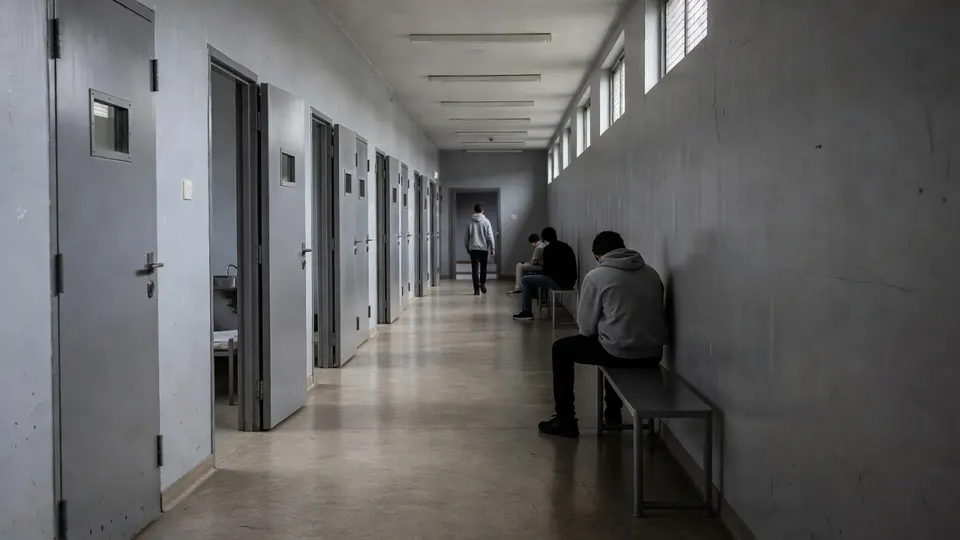 Jonge gedetineerden zitten in een gang van een jeugdgevangenis