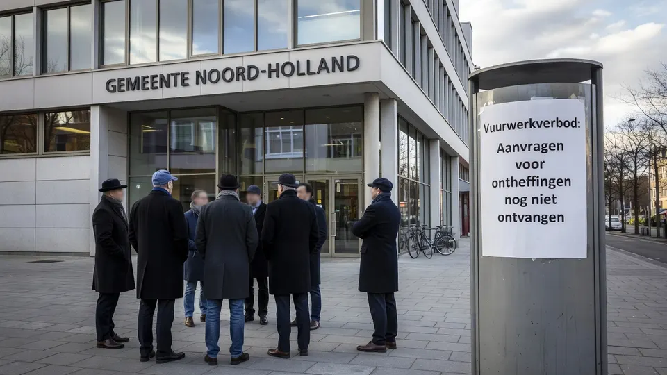 Gemeentehuis van Noord-Holland met bord over ontbrekende aanvragen voor vuurwerkontheffingen