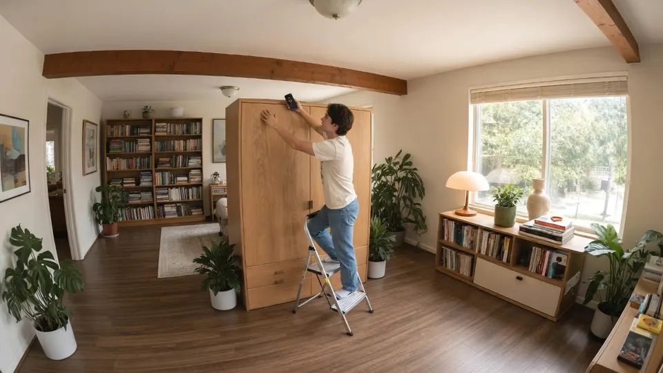 Man bevestigt een houten paneel in een woonkamer