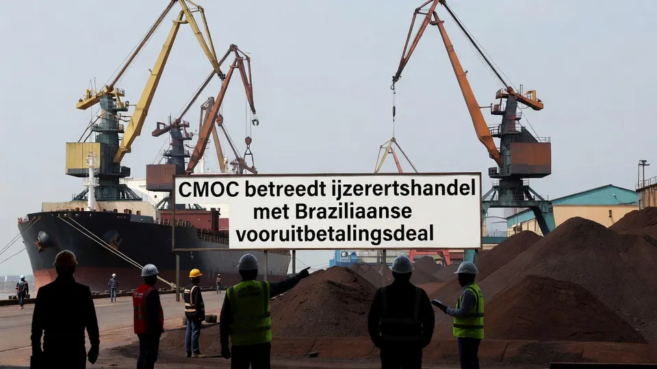 Havenkranen en medewerkers bij een schip met ijzererts