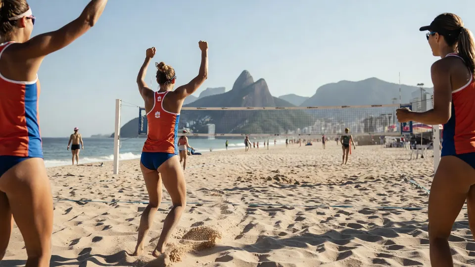 Beachvolleyballers in actie tijdens het Elite16-toernooi in Rio de Janeiro