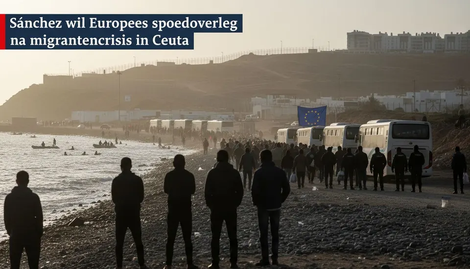 Migranten staan op het strand van Ceuta, waar bussen klaarstaan voor terugkeer naar Marokko
