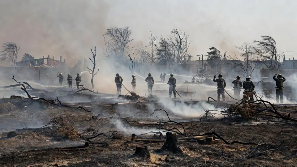 Brandweerlieden bestrijden de natuurbranden in Griekenland op een verwoest terrein