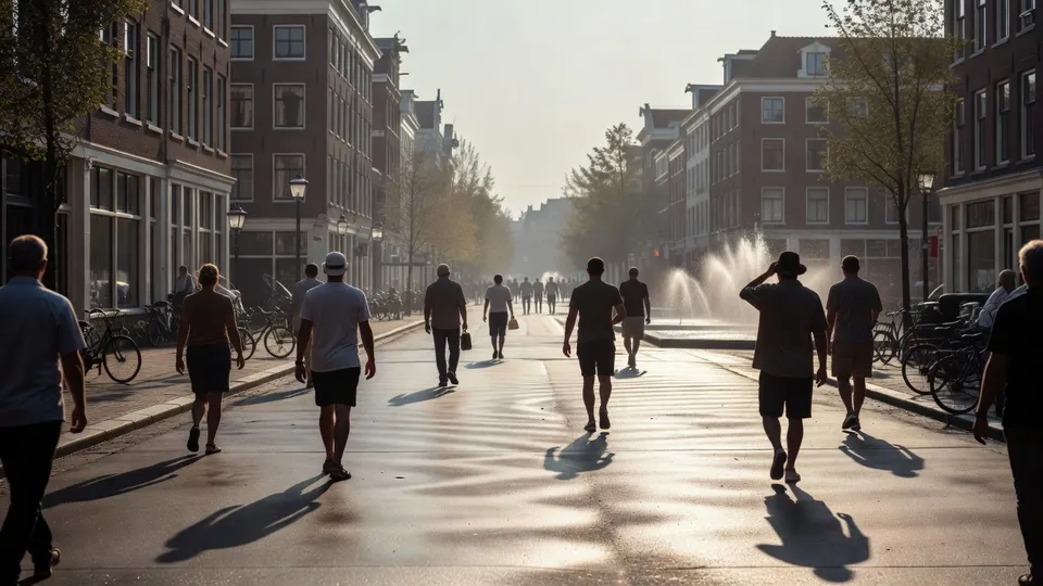 Mensen lopen op een zonnige, natgespoten straat tijdens een periode van grote hitte