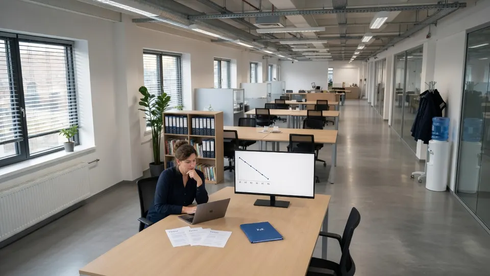 Een zzp'er werkt alleen aan een bureau in een kantoor