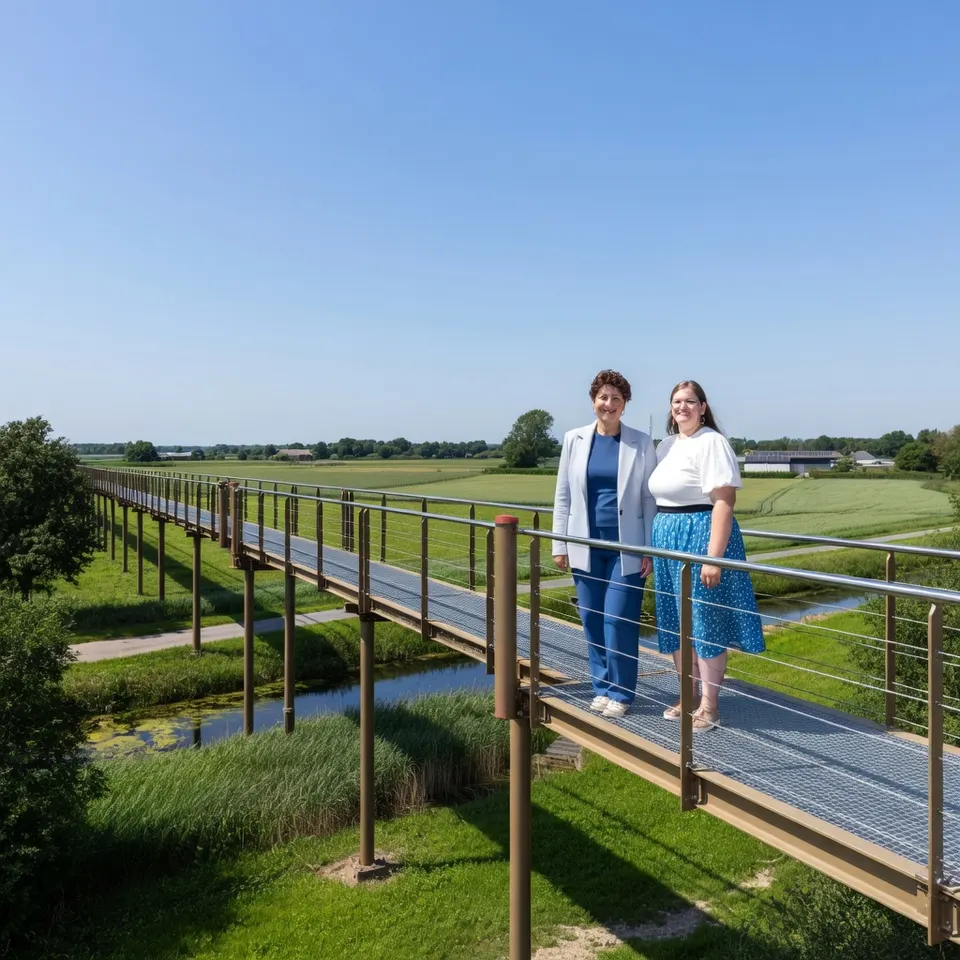 Twee vrouwen staan op een brug in het groene buitengebied