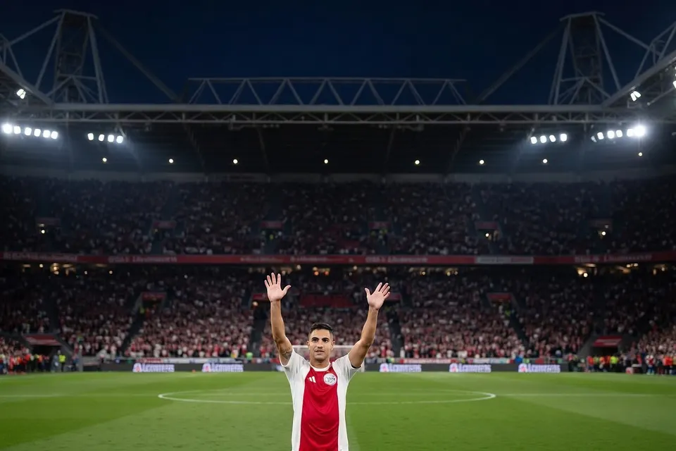 Een Ajax-speler viert voor volle tribunes